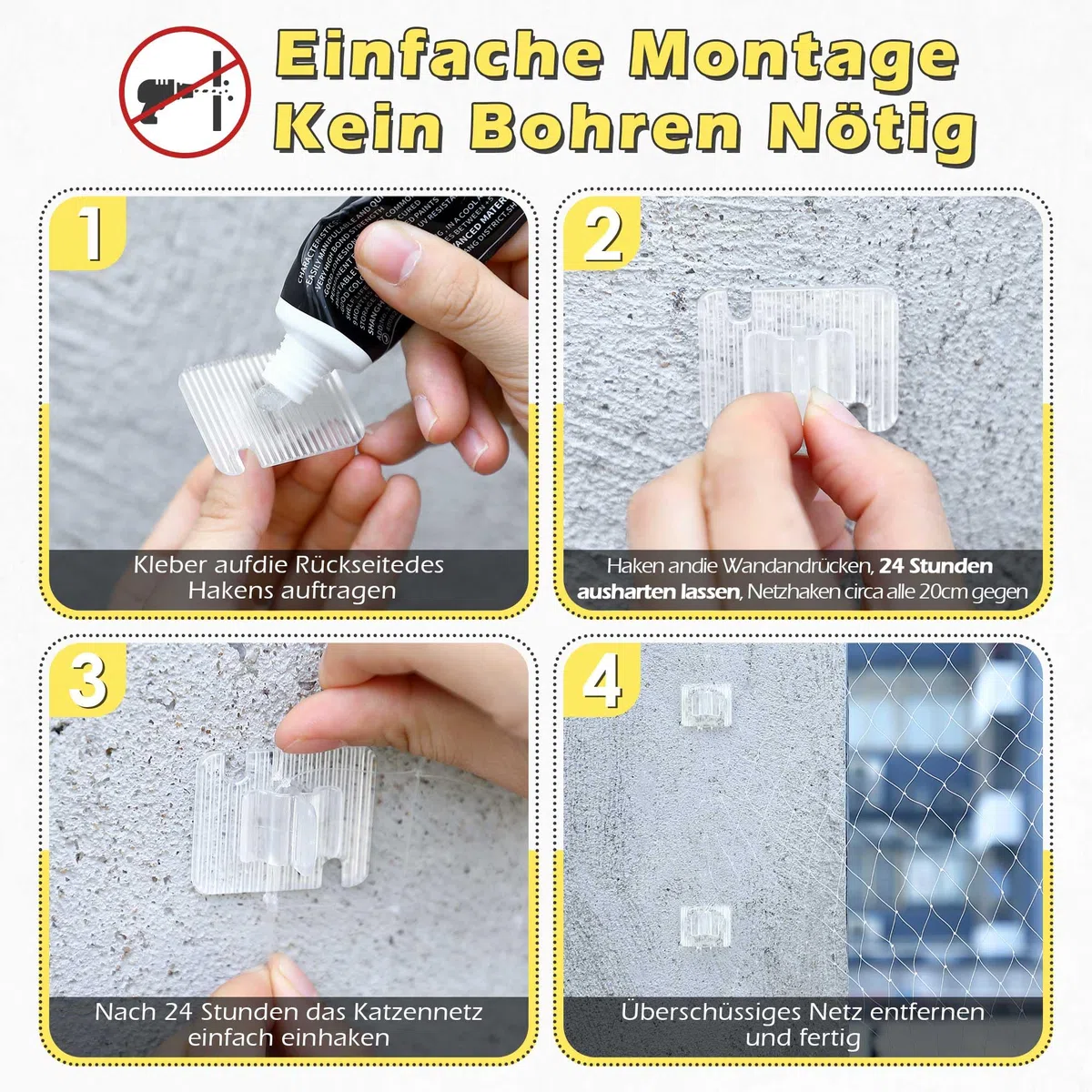Enhon 50 Pezzi Ganci Adesivi per Zanzariera per Gatti per Balcone con 2 Pezzi 40ml Adesivo di Montaggio Extra Forte, Pc Trasparente, Resistente Ai Raggi UV, per Gatti per Balcone Senza Forare