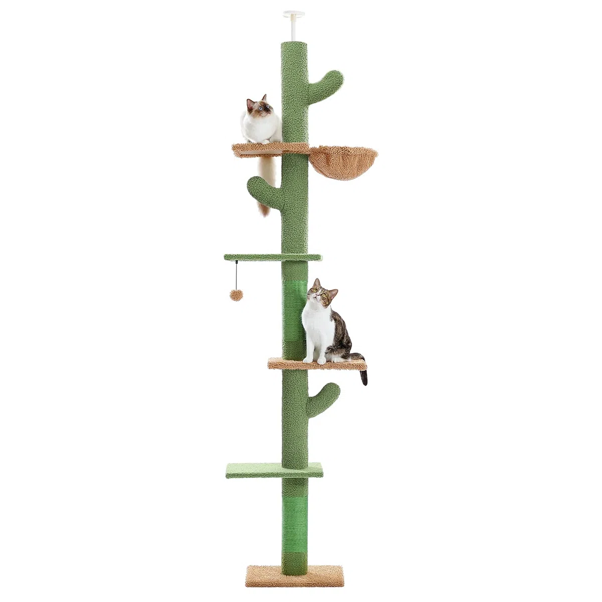 PAWZ - Tiragraffi a forma di catus, da terra fino al soffitto, tiragraffi a torre per gatti con altezza regolabile (229-275 cm), 5 ripiani, con comoda amaca, ripiani e palline penzolanti