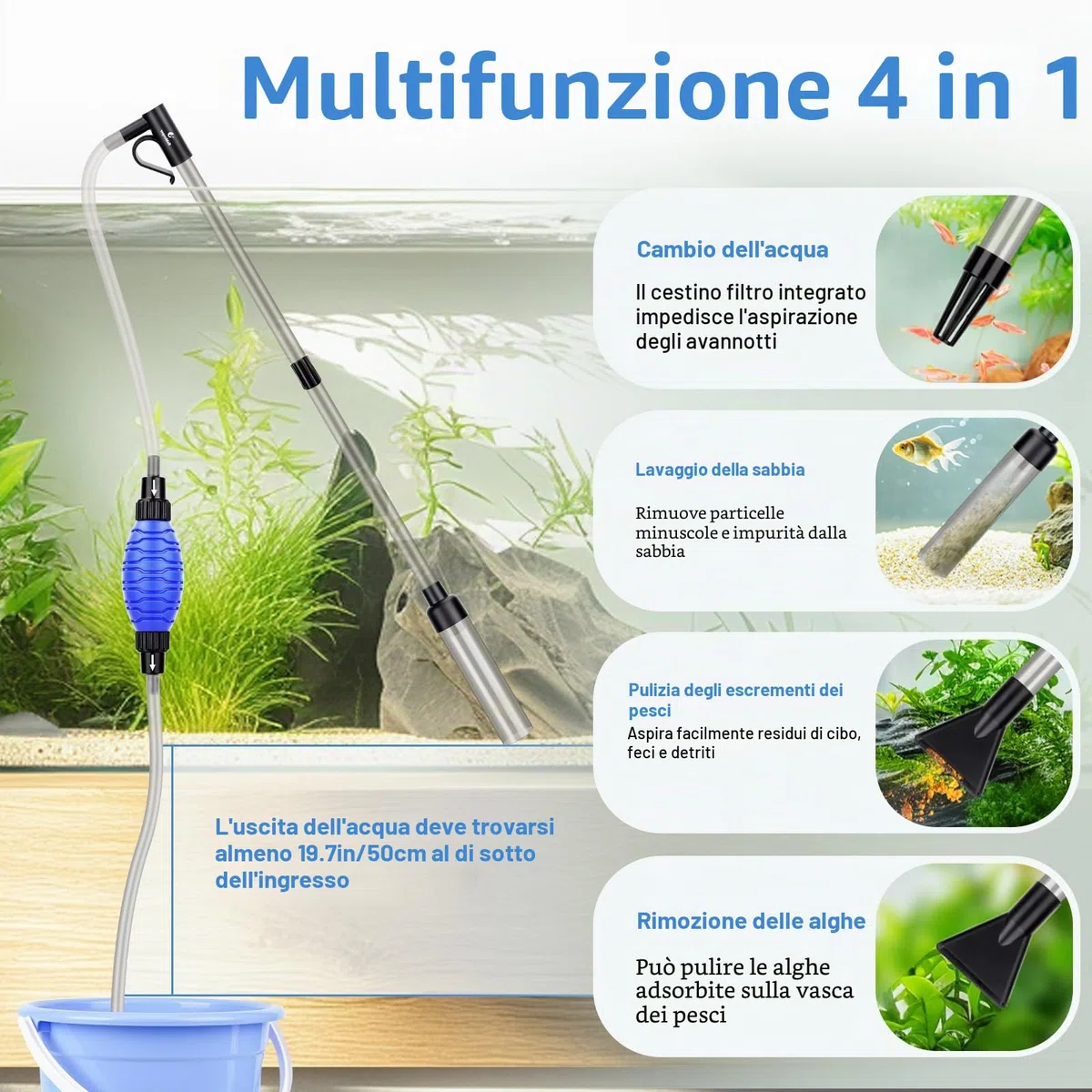Cambio dell'acqua dell'acquario, pulizia dell'acquario, kit per la pulizia della ghiaia dell'acquario con flusso d'acqua regolabile per la pulizia della sabbia (S-per profondità fino a 55 cm)