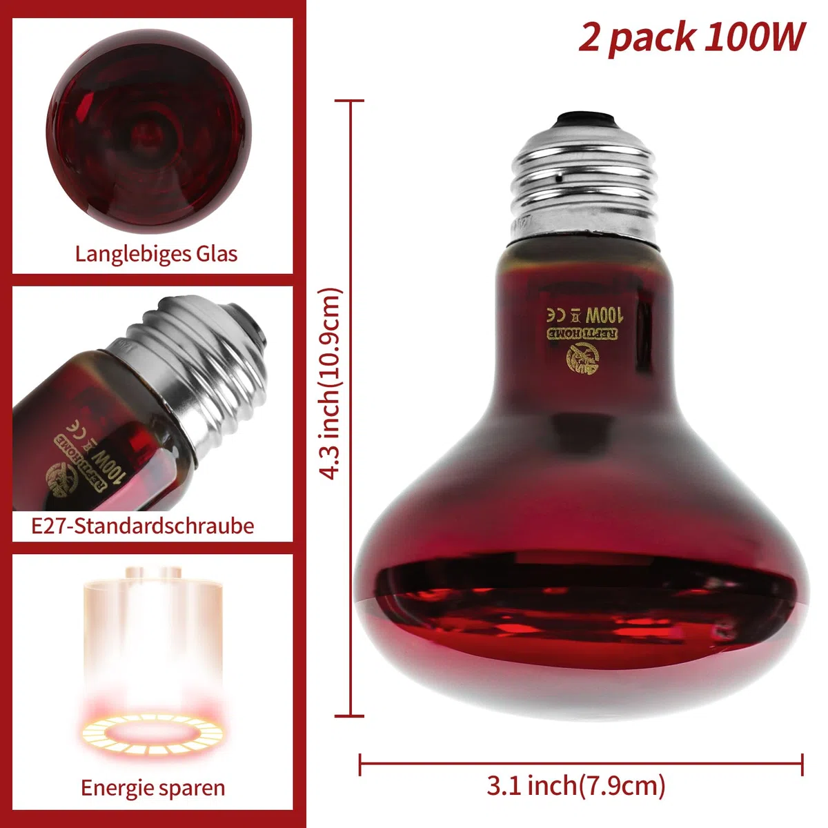 Lampade Termiche per Rettili a Infrarossi, 2 Pacchetti di Lampade Spot a Infrarossi da 100W, Emettitori di Calore Rosso per Tartarughe, Draghi Barbuti, Galline e Polli