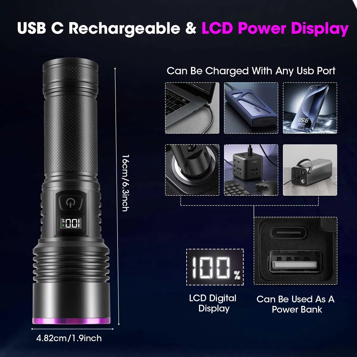 Torcia UV 20W 365NM Luce Nera Torcia con USB Ricaricabile Luce UV 7000mAh Lampada per Animali Domestici Rilevamento Urine Ricerca Ambra Scorpione Resina Vetro Urango