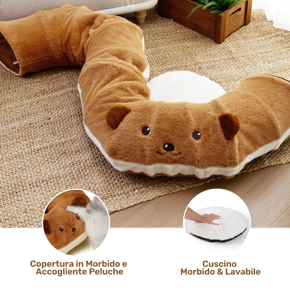 FUKUMARU Tunnel per Gatti,Cuccia Pieghevole XL Con Orecchie di Carta Increspata,Cuscino Lavabile,Tunnel Rotondo a Forma di Ciambelle per Animali Domestici,Giocattolo per Gattini e Conigli,