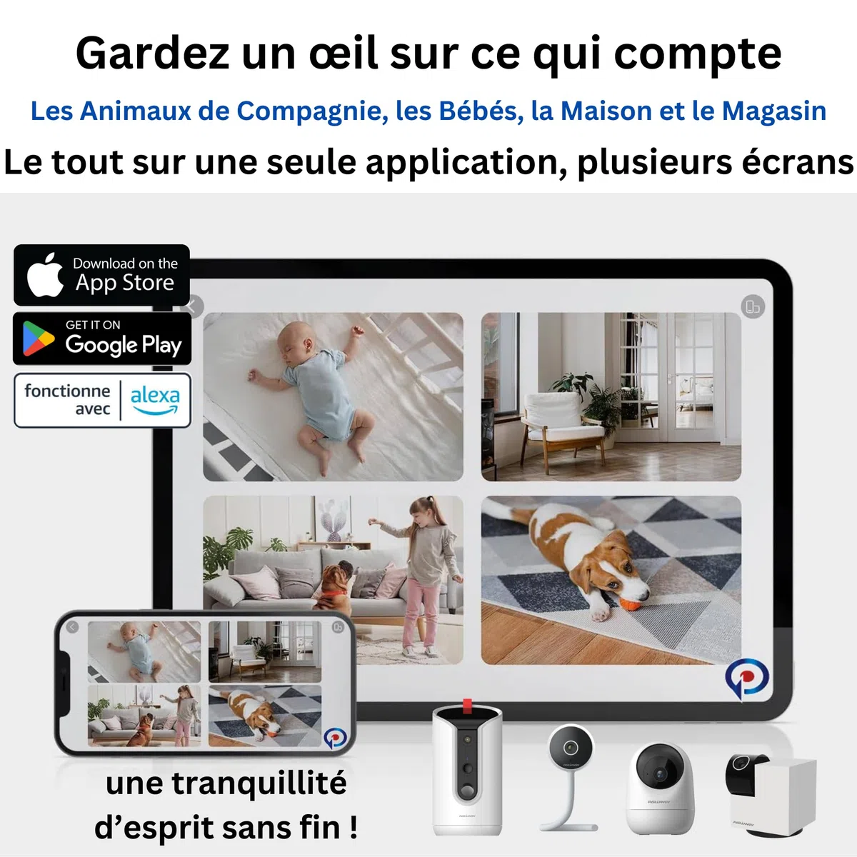 3MP Telecamera interna WiFi, Baby Monitor, Videocamera con controllo WiFi interno, Rilevamento del mov. e del suonoo, Tracciamento, Walkie-talkie, Notturna, Telecamera per cani e gatti, Alexa