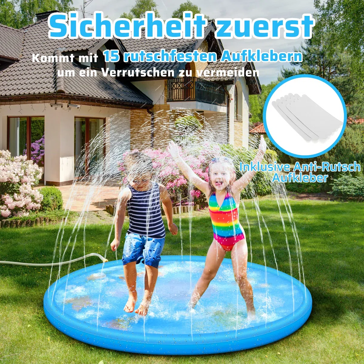 Anpro Sprinkler Splash Pad, tappetino da gioco con 15 strisce antiscivolo, per bambini, cani e animali domestici, 170 cm