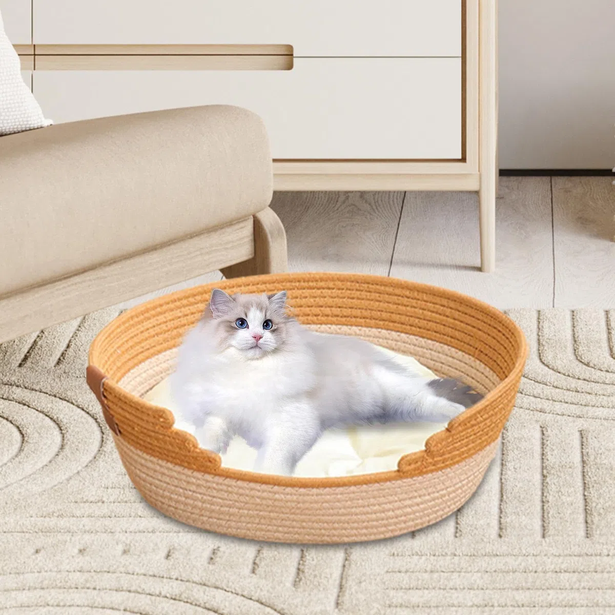 MagiDeal Cesto per Lettino per Gatti in Corda di Cotone Intrecciata, Letto per Dormire con Cuscino, Cuccia Portatile AntiGraffio per Animali Domestici, M