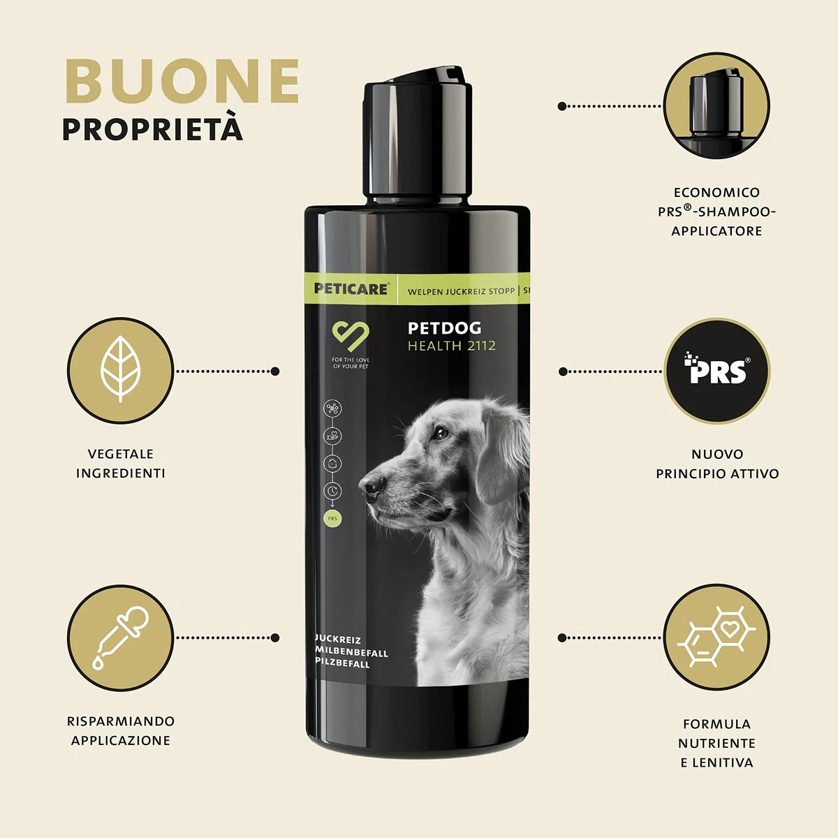 Peticare Shampoo Cuccioli Prurito e Acari – Scudo Cura Immediata per Parassiti – Senza Insetticidi – con Proteine della Seta – Shampoo Lenitivo