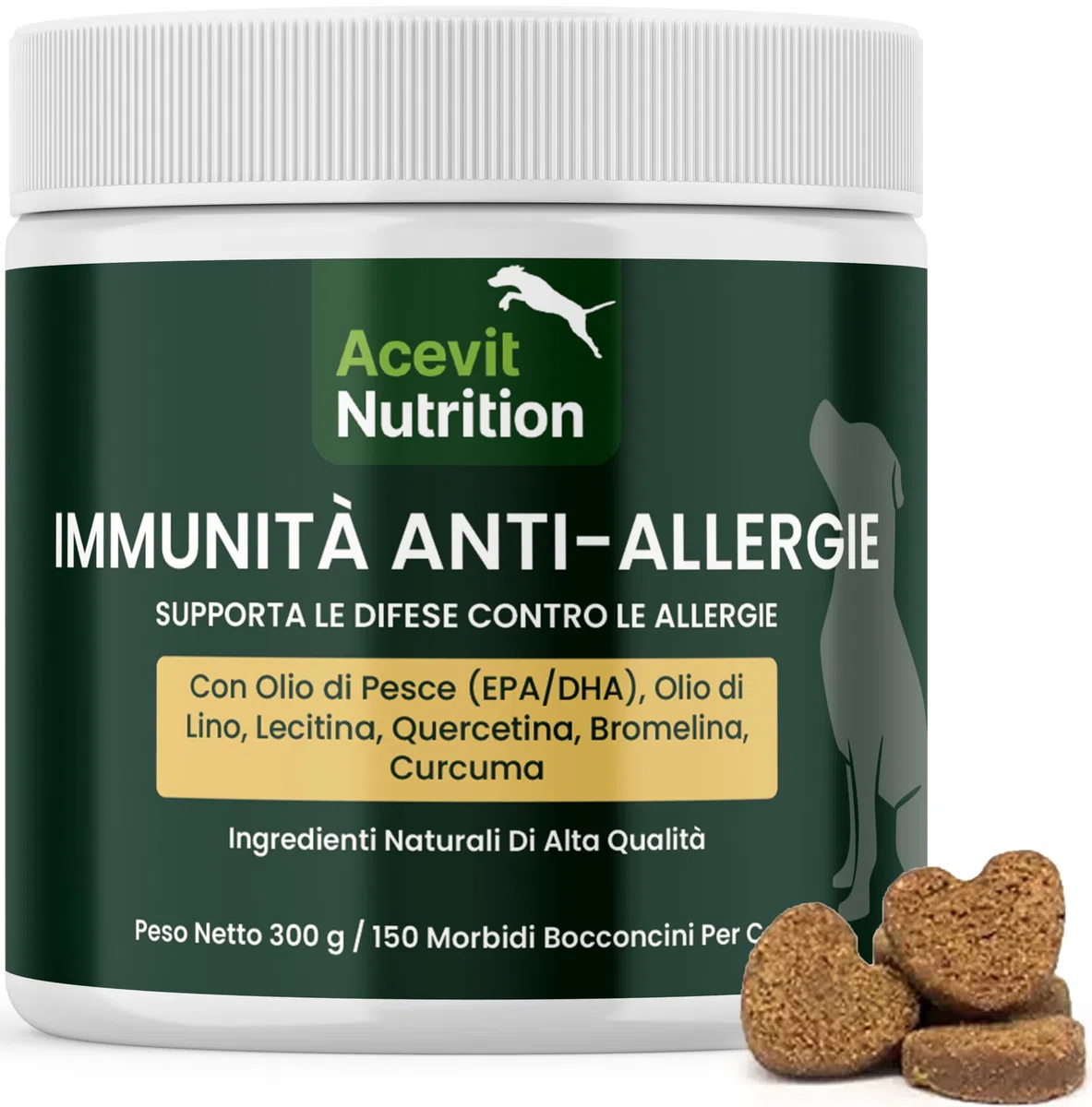 Prurito Cane & Pelle Sensibile, 150 Bocconcini, 100% Naturali – Integratore Anti-Allergie e Immunità – Olio di Pesce EPA/DHA, Quercetina, Curcuma e Bromelina – Supporto Cute e Pelo | Acevit Nutrition