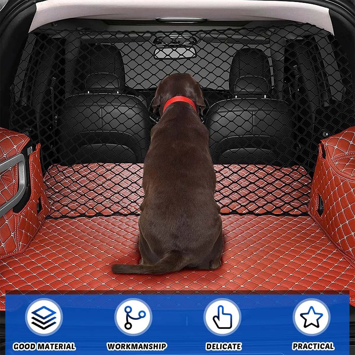 GOMETY Griglia di protezione per auto, barriera, rete di separazione per cani, 120 x 90 cm, per bagagliaio, doppio strato di polipropilene con 4 ganci, rete universale per cani di sicurezza per
