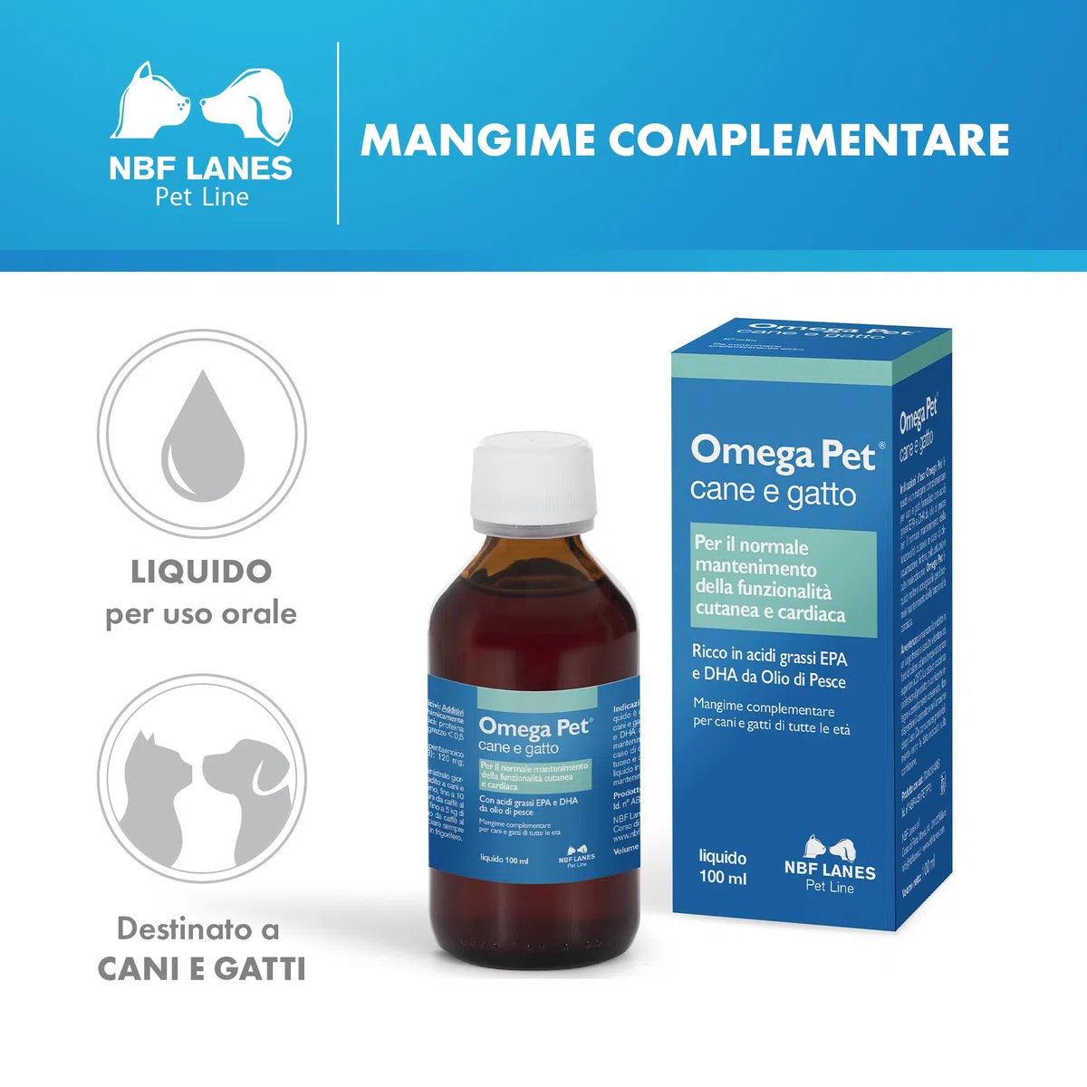NBF Lanes | Omega Pet Cane e Gatto, Liquido 100 ml, per il Normale Mantenimento della Funzionalità Cutanea e Cardiaca
