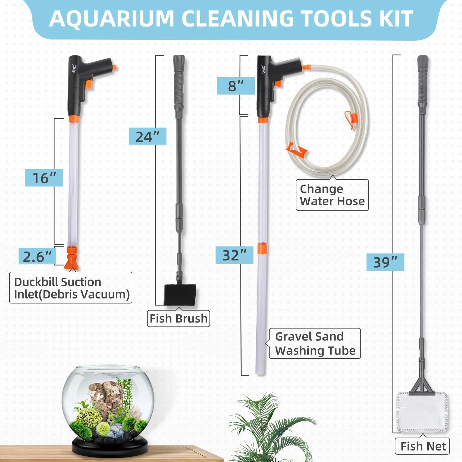 hygger Pulizia Acquario Ghiaia, Aspirapolvere per Acquario Kit di Pulizia per Cambio Acqua con Rete Spazzola,Sabbia Pulitore Acquario Sifone Aspirapolvere con Morsetto Regolatore Tubo Acqua