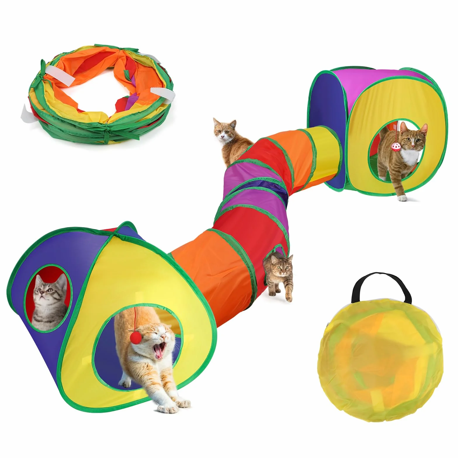 SWAWIS Pieghevole Tunnel Set per Gatti, 3 in 1 Giocattolo per gatti Tunnel Tenda Cubi per Gatti con Borsa, Giocattolo Interattivo per Gatti per Gattini Cuccioli e Conigli
