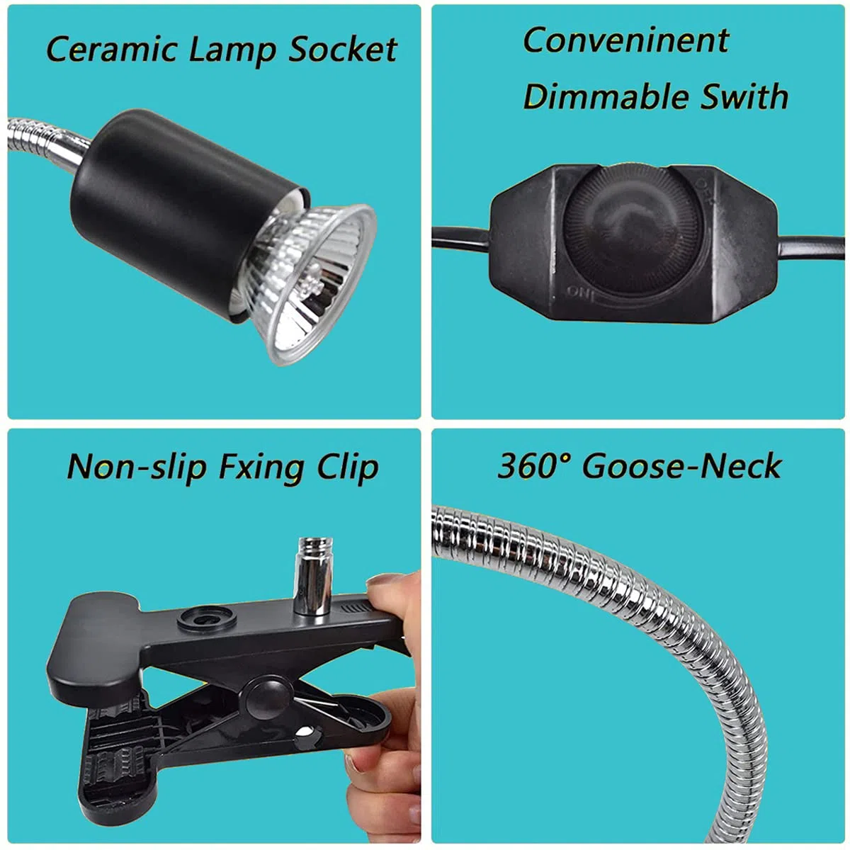 Lampada riscaldante per rettili, lampada riscaldante per tartarughe, lampada riscaldante UVA UVB, 3 lampadine di diversa potenza e morsetto girevole a 360°.
