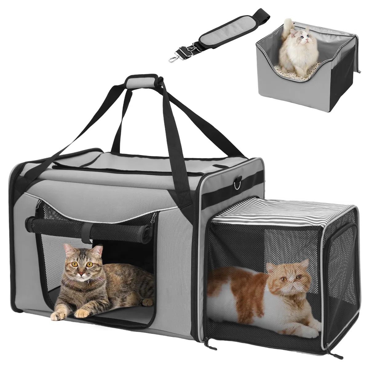 Trasportino per Gatti Pieghevole con Lettiera per Gatti, 60x42x57 cm, Grigio