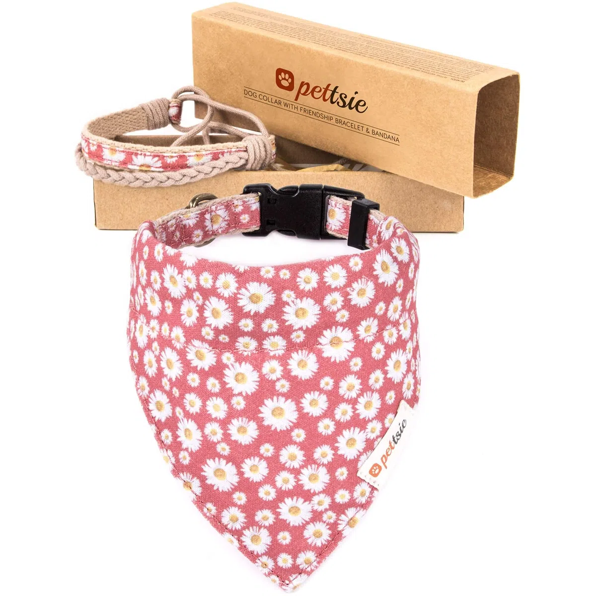 Pettsie collare per cani, bandana e braccialetto dell'amicizia, confezione regalo inclusa, canapa resistente, anello a D per un facile fissaggio del guinzaglio (S, rosa)