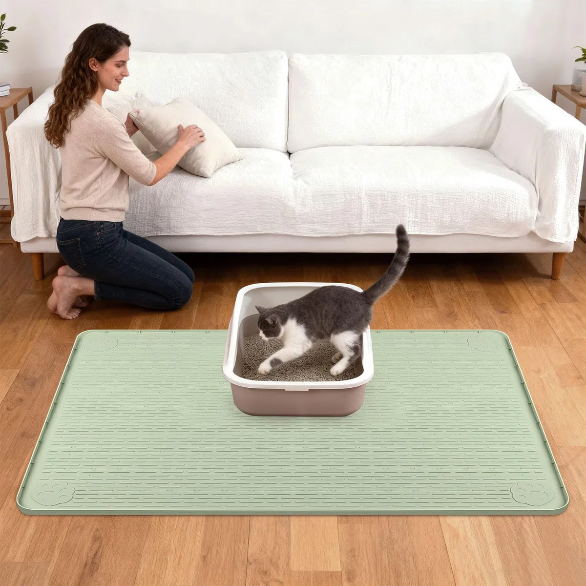 Kalolary Tappetino Lettiera Gatti, Tappetino Lettiera Silicone Tappetino Lettiera Gatti Tappetino Silicone Lettiera Gatti Tappetino Anti Dispersione Gatti Protezione Pavimenti (40 x 28 pollici Verde)