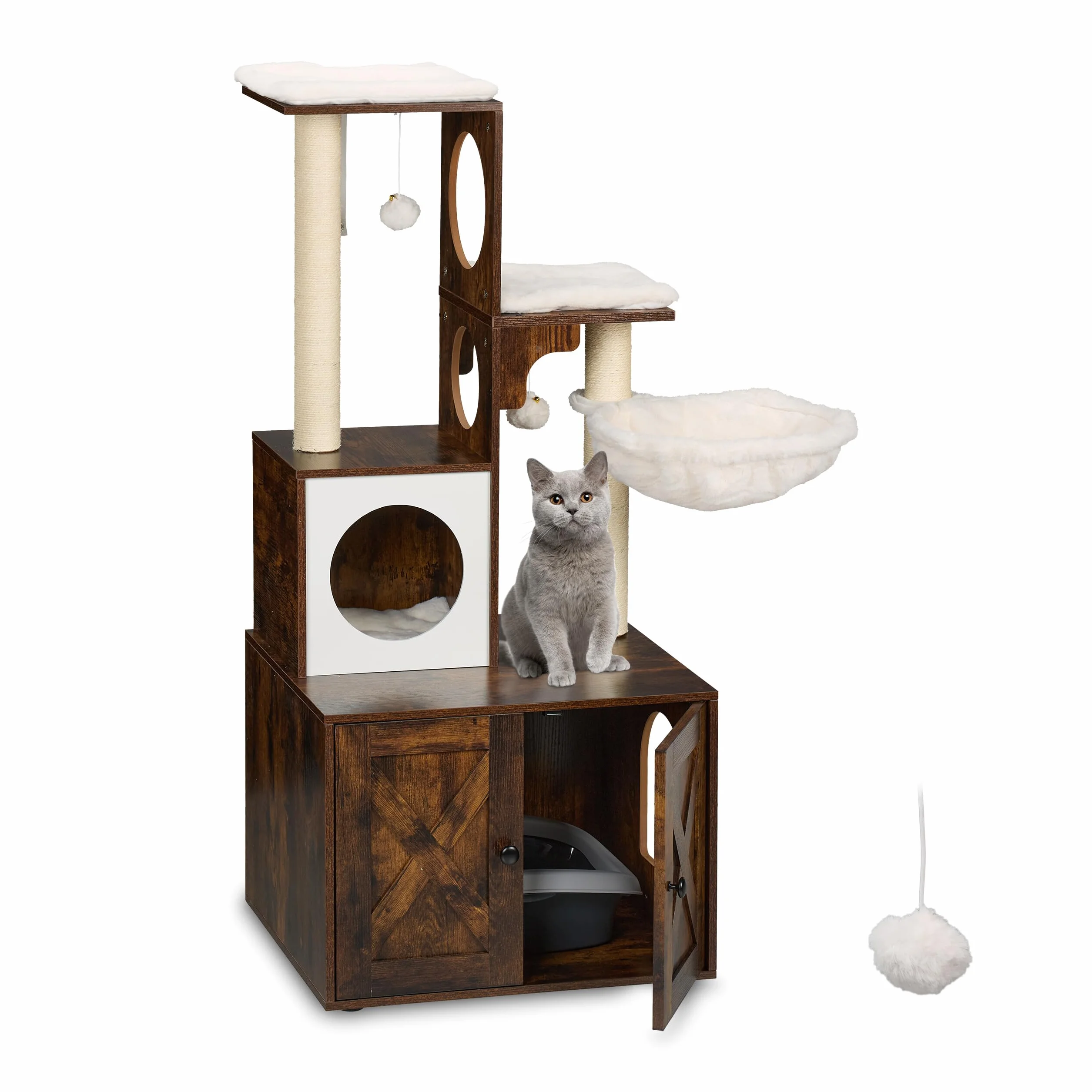Relaxdays Albero Tiragraffi Gatti, Torre Alta 128 cm, con Cuccia, Armadietto Lettiera, Graffiatoi, Palle, Marrone Bianco