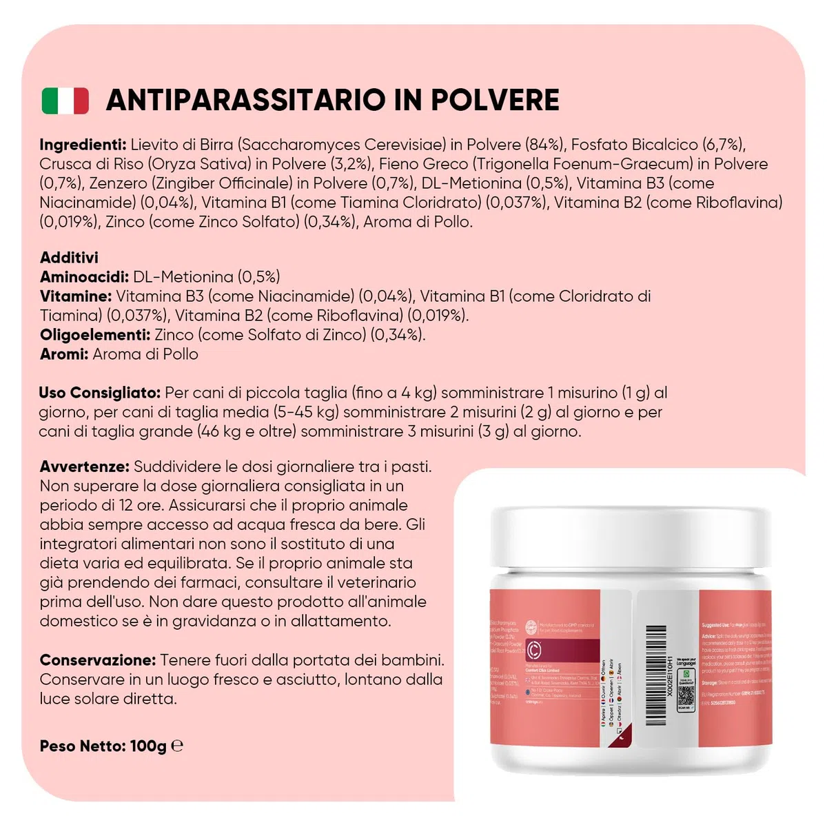 Antiparassitario Cani in Polvere (100g), Formula 100% Naturale, per Immunità ed Equilibrio Digestivo, Antipulci per Cani con Fieno Greco, Zenzero, Vitamine, Minerali e Aminoacidi, all'Aroma di Pollo