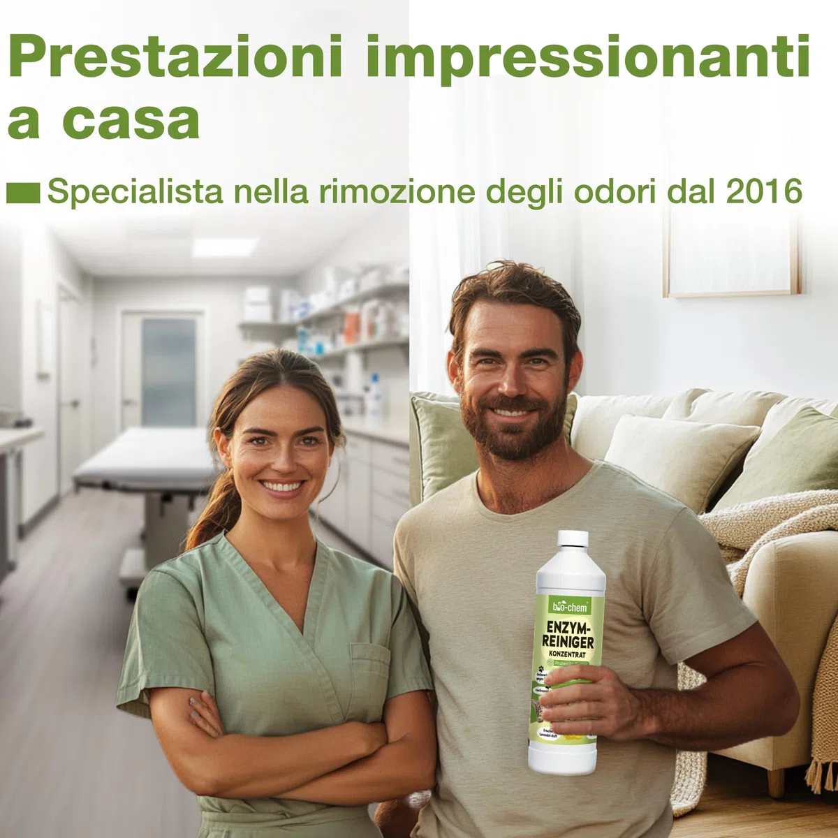 Bio-Chem - Detergente enzimatico concentrato 1L + flacone di miscelazione - Combatte gli odori ostinati e le macchie - Azione probiotica naturale per tappeti, tessuti e superfici