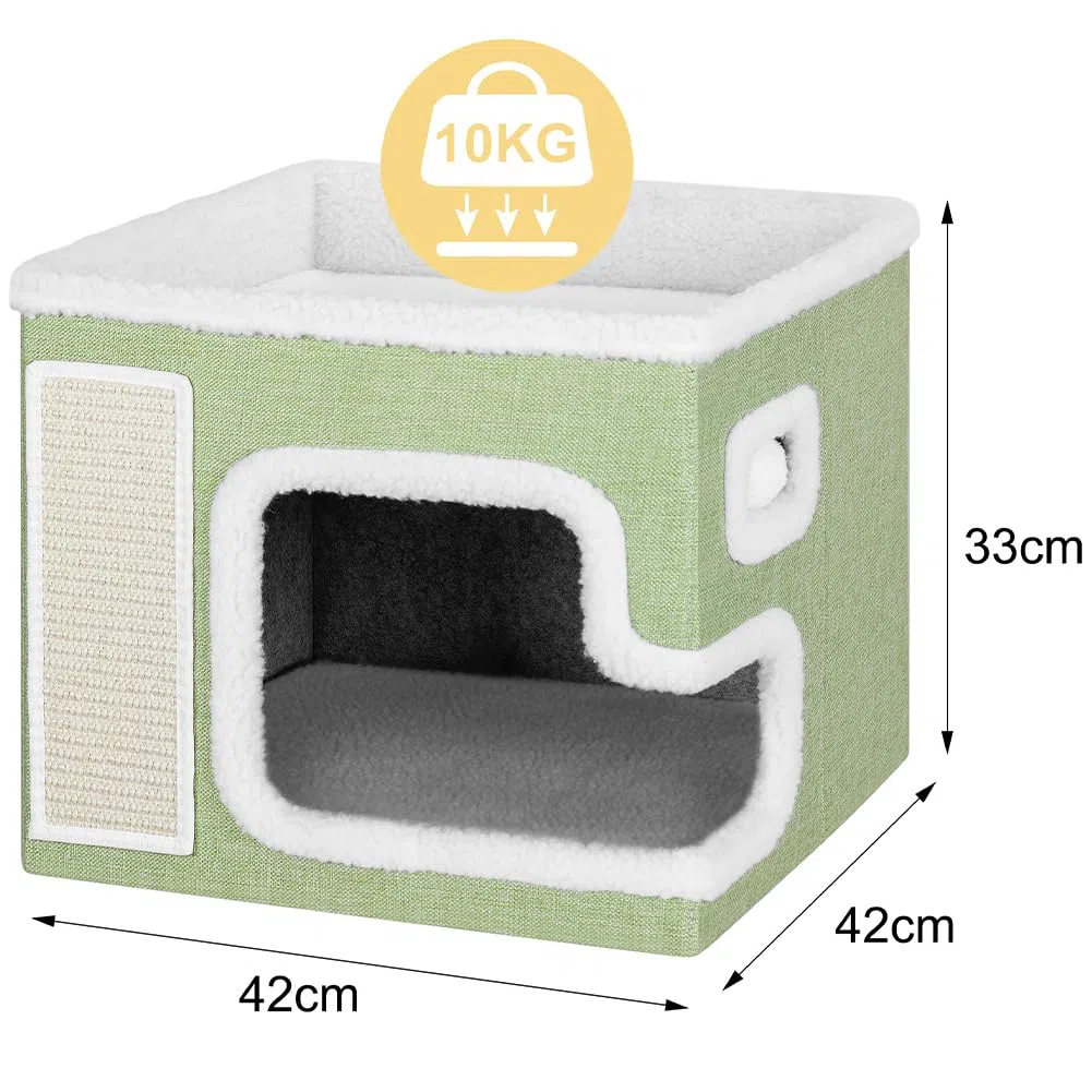 BAKAJI Cuccia per Gatti pieghevole con Grande Ingresso, Casetta Rifugio per Animali Domestici, Tiragraffi in Poliestere Caldo e Imbottito, Cuccetta Graffiatoio Base Antiscivolo 42x42x33 cm (Verde)
