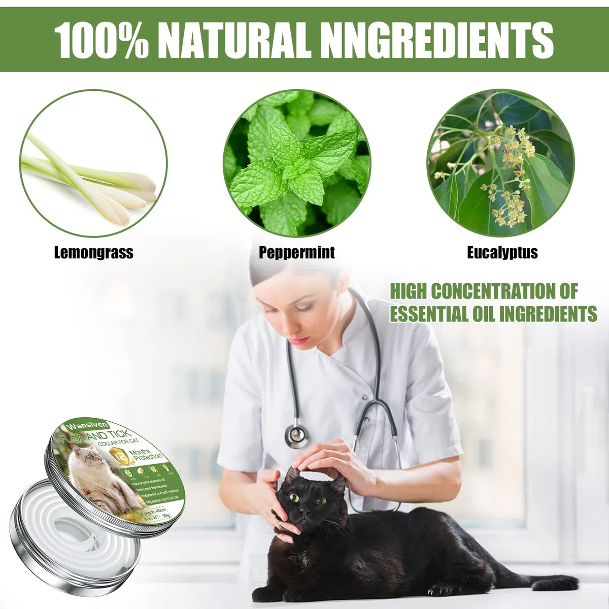 Wansiven Collare Antipulci per Gatti, Naturale Regolabile Collare Antiparassitario Antizecche 48cm