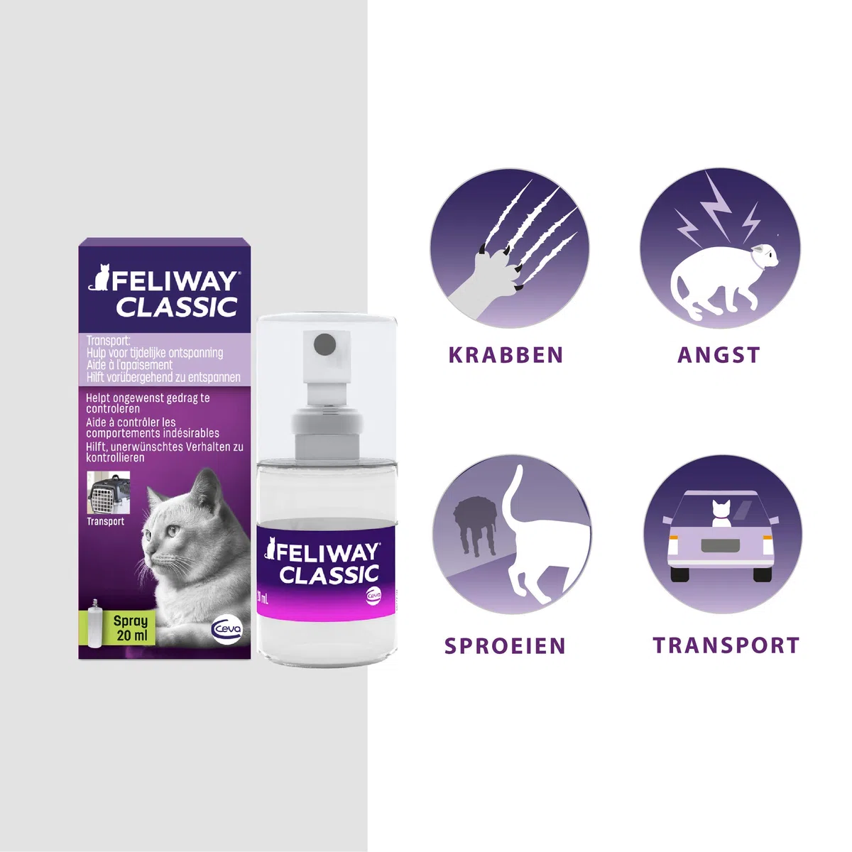 FELIWAY Classic Transport Spray per Gatti | Viaggi e Trasporto Senza Stress | Assicura Un rilassamento Durante l'applicazione mirata Contro Le marcature urinarie e i Graffi | 20 ml