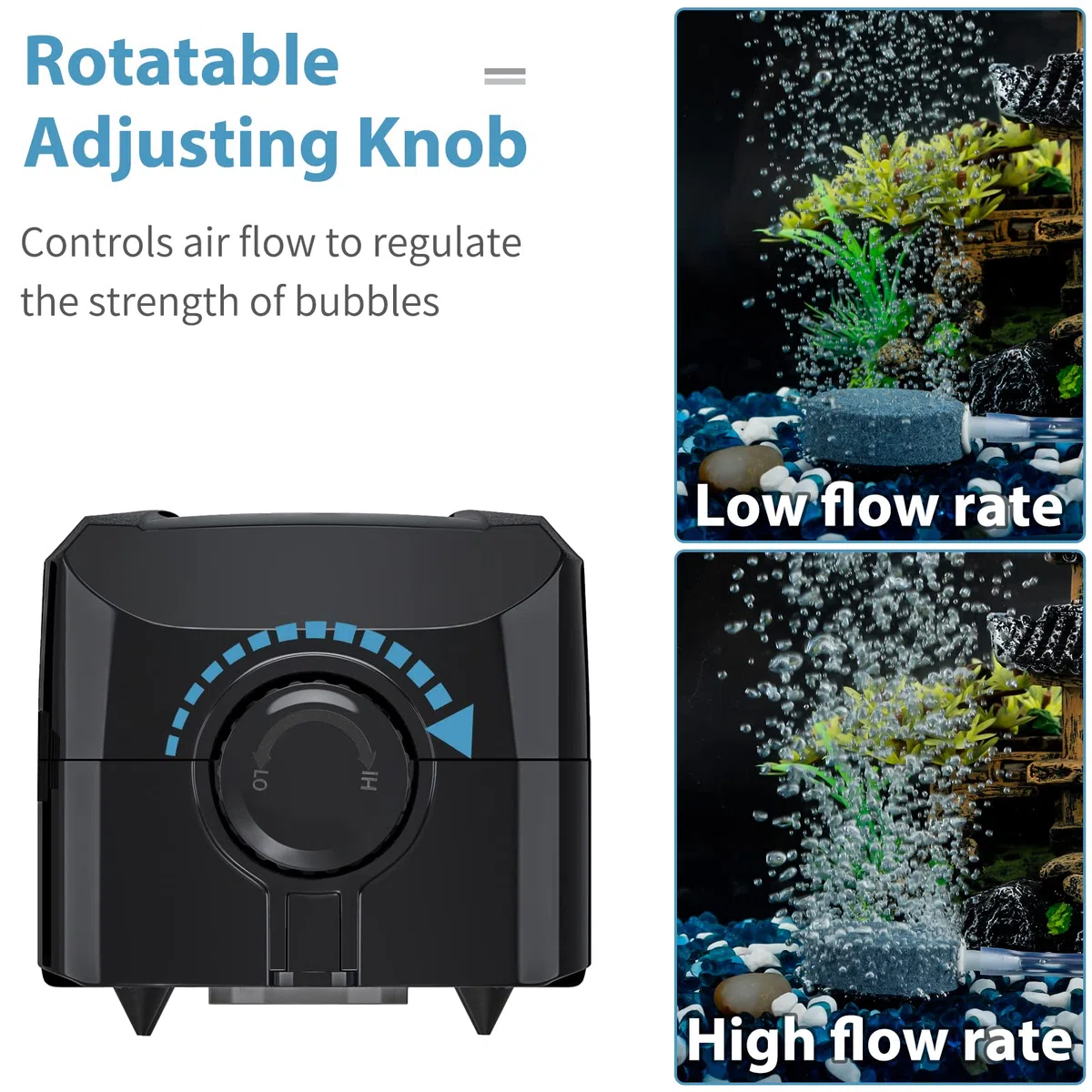 Pawfly Ossigenatore per Acquario da 4 L/min con Doppia Uscita Pompa Aeratore Silenziosa Regolabile con Pietra d'Aria Tubo d'Aria Valvola di Non Ritorno e Connettore Accessori per Acquario fino a 380 L