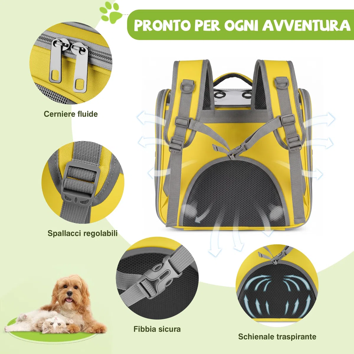 ALLSOPETS Zaino per Cani e Gatti Pieghevole con Finestra Traspirante e Gancio di Sicurezza, Zaino Porta Cane con Apertura Frontale per Viaggio Escursioni Passeggiate (Giallo Limone)