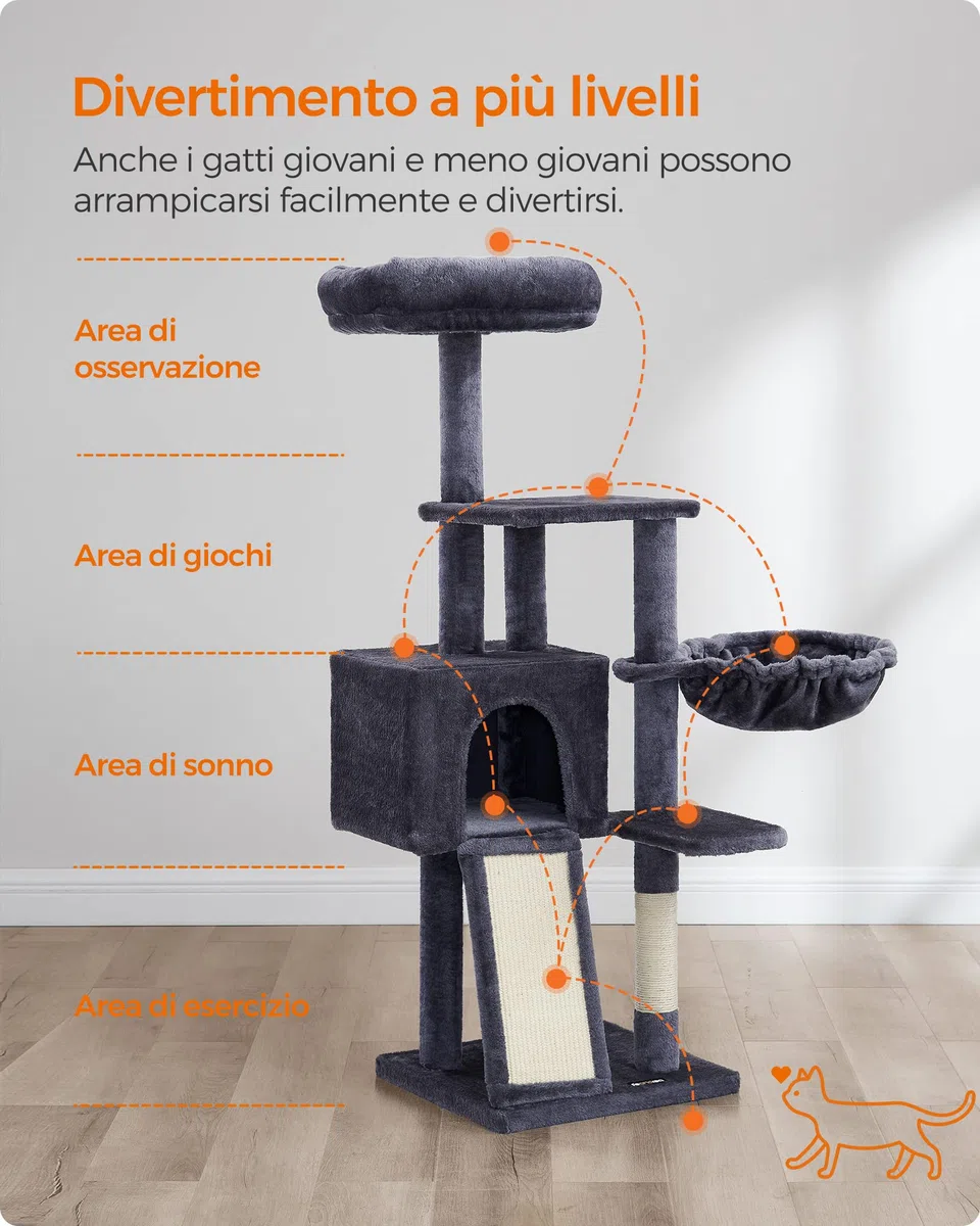 FEANDREA Albero per Gatti, Tiragraffi Piccolo da 135 cm, Condominio per Gatti in Peluche a più Livelli con Copertura per Trespolo Rimovibile Lavabile, Graffiatoio, Cesto, Grotta, Grigio Scuro
