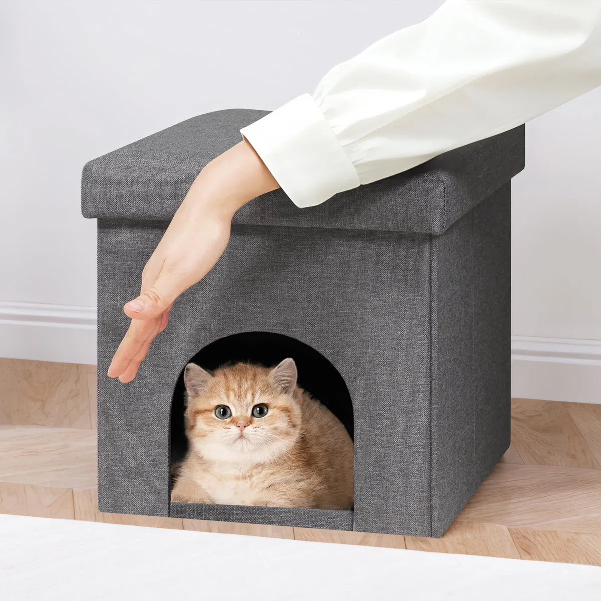 PINPLUS Cuccia per Gatti con Cuscino, Sgabello Pieghevole per Gatto, Cubo Contenitore Stabile con Coperchio Rimovibile, Rifugio Accogliente per Dormire e Giocare