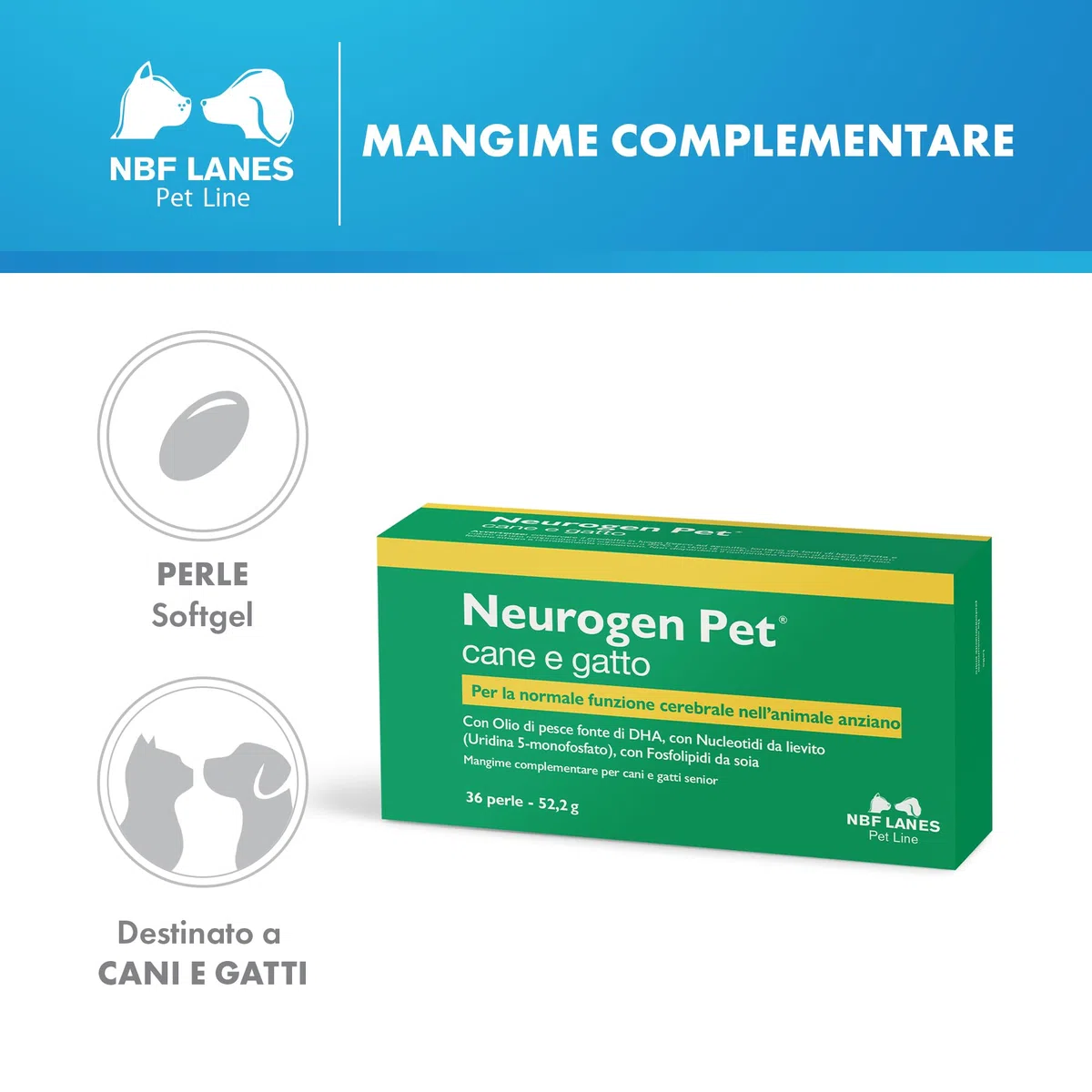 NBF Lanes | Neurogen Pet Cane e Gatto, 36 Perle Appetibili, per la Normale Funzione Cerebrale dell’Animale Anziano, Cani e Gatti Senior