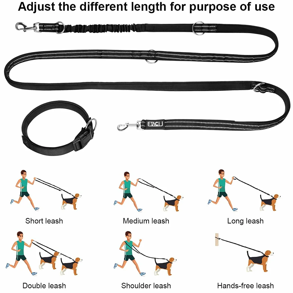 ETACCU Doppio guinzaglio a mano libera con guinzaglio 3 m, per cani di medie dimensioni fino a 50 kg, robusto manico antiscivolo, senza grovigli, riflettente (nero)