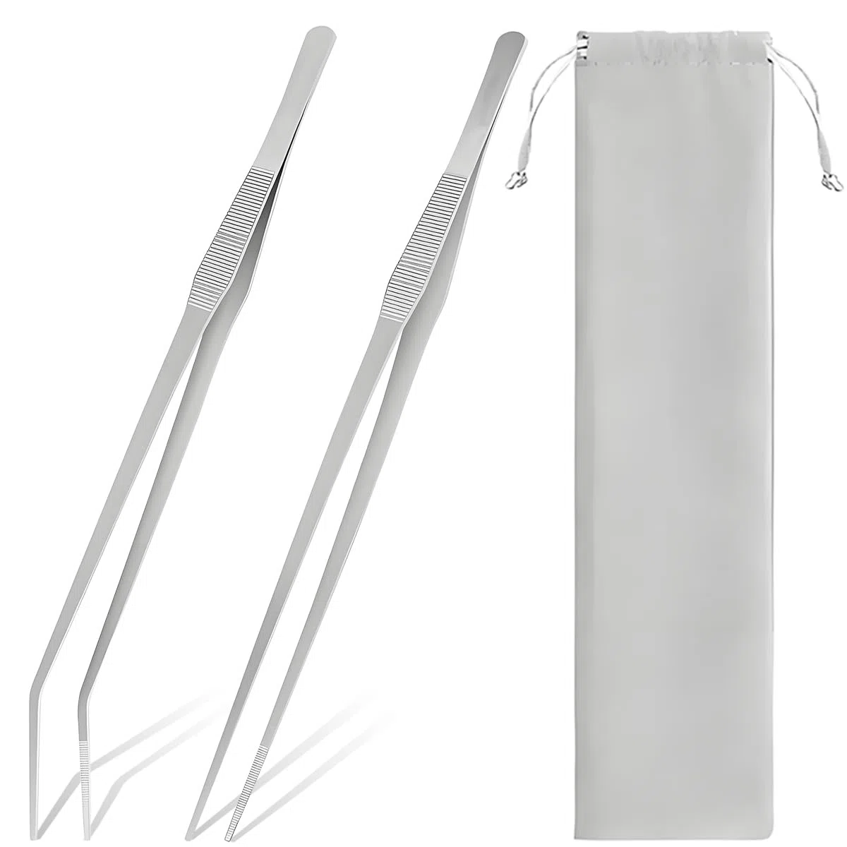 2 pinzette extra lunghe in acciaio inox per acquario da 38 cm / 15 pollici pinze per nutrire i rettili pinzette dritte/curve antiscivolo con borsa portaoggetti