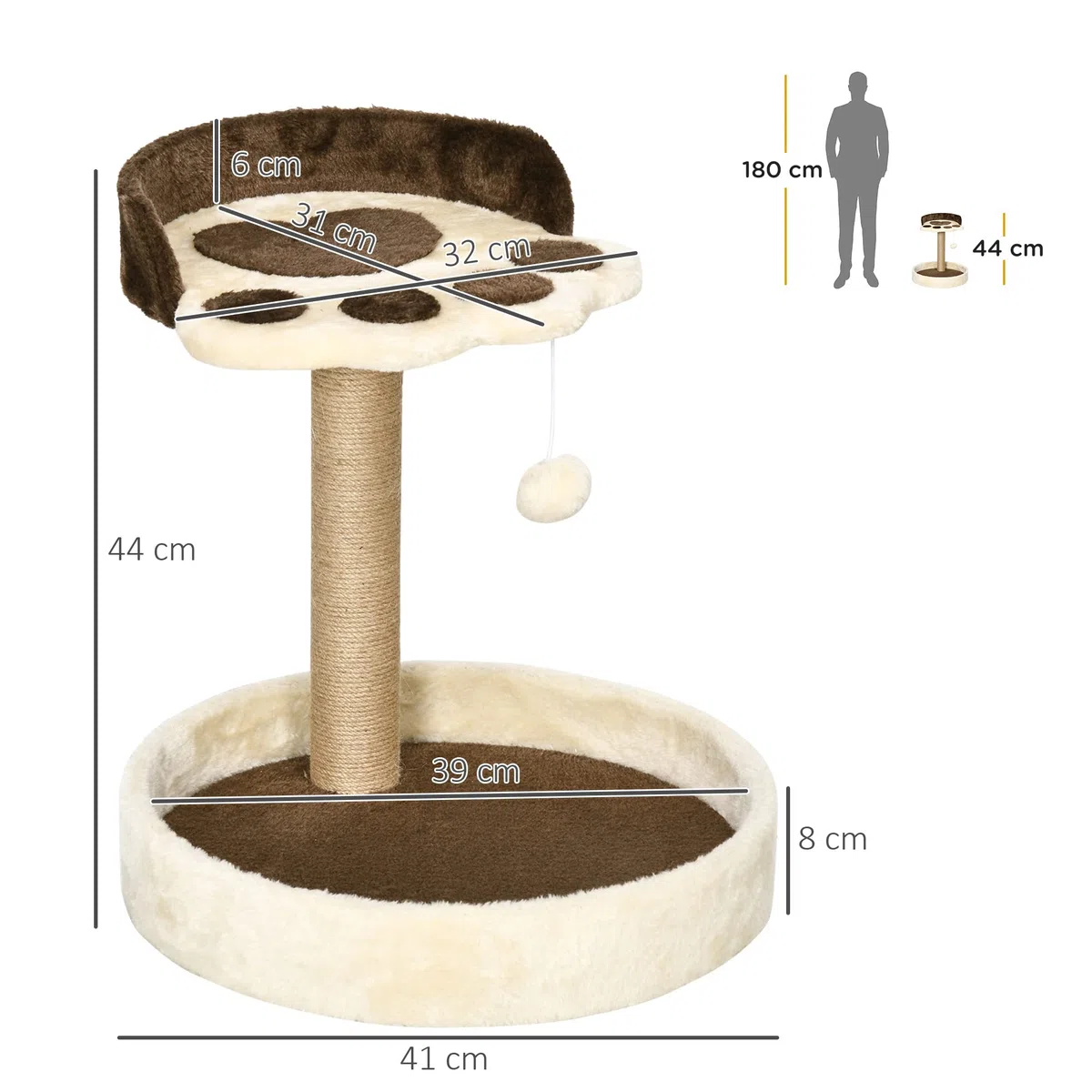 PawHut Albero Tiragraffi per Gatti da 5kg con Lettini e Pallina, Palestra per Gatti con Rivestimento in Peluche e Corda di Juta, 41x41x44 cm, Marrone e Beige
