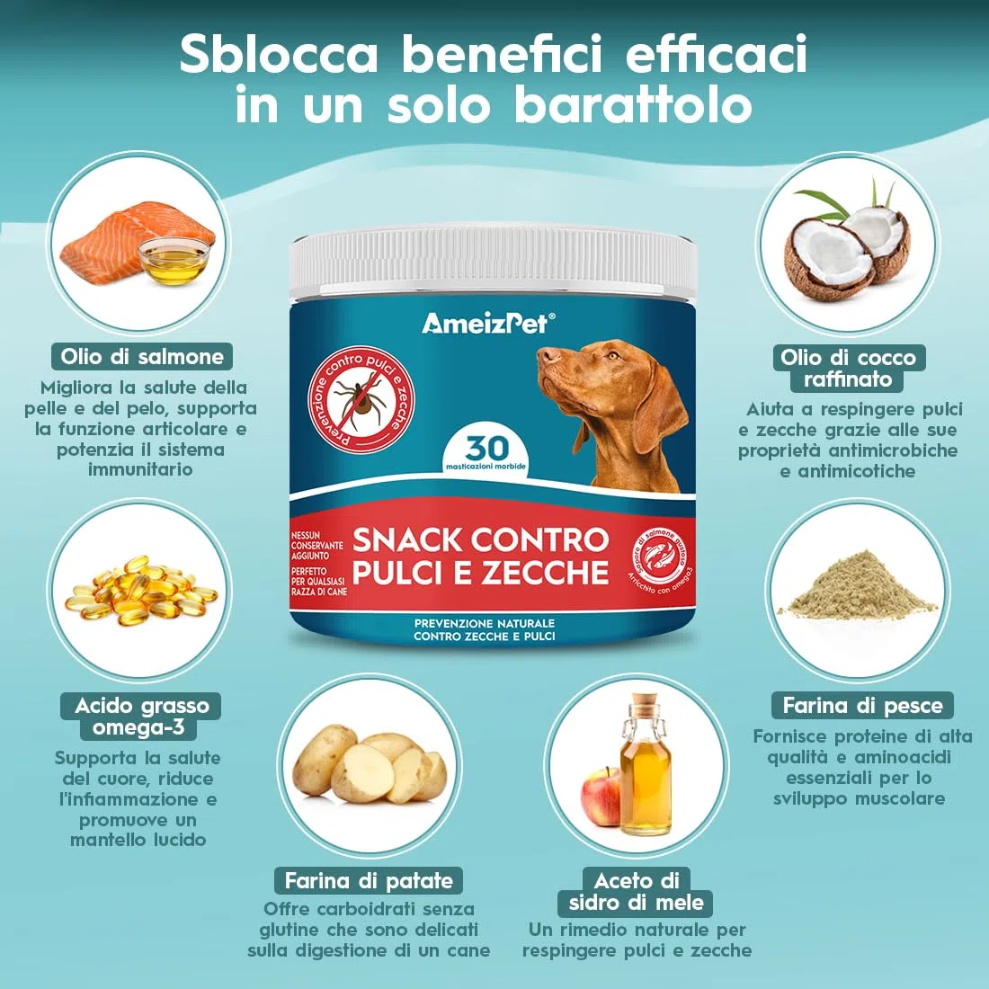 AmeizPet Pastiglie Per Cani Antipulci E Zecche, Antipulci Per Cani, Compresse Masticabili Contro Le Pulci, Cuccioli E Cani Adulti, 30 Dolcetti, 67.5g (2.3 Oz)