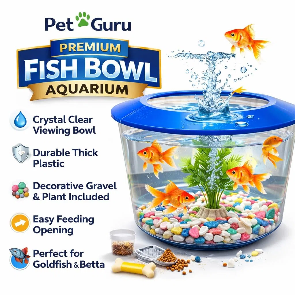 Pet Guru Ciotola per pesci trasparente di alta qualità con coperchio, ghiaia decorativa e pianta inclusa, plastica resistente, perfetta per pesci rossi (casuale)
