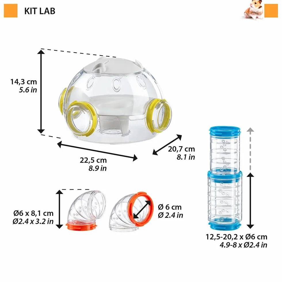 Ferplast Set Tubi Criceto, Accessorio Gabbia per Criceti, Totale 4 pezzi, include Modulo Abitativo, Tunnel Criceto Trasparenti con Fori di Aerazione, Curve e Raccordi, KIT LAB, Giochi per Criceti
