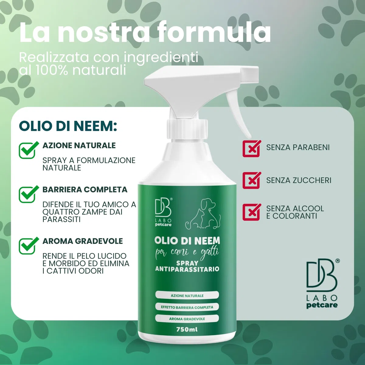 Db Labo - Olio Di Neem per Cani 750ml - Spray Olio Neem Repellente per Cani Sgradito a Zecche, Pulci, Zanzare e Insetti - Azione Naturale con Aroma Piacevole abbinabile a Repellente Antipulci