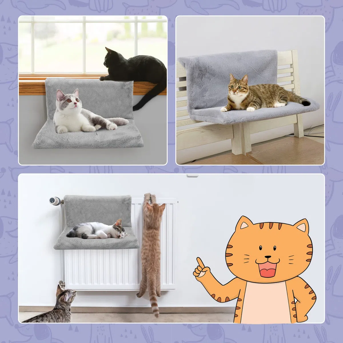 Nobleza Lettino riscaldante per gatti,Calda Peluche Morbida,Forte metallica Telaio Staccabile,Grigio,48 * 30 * 25cm