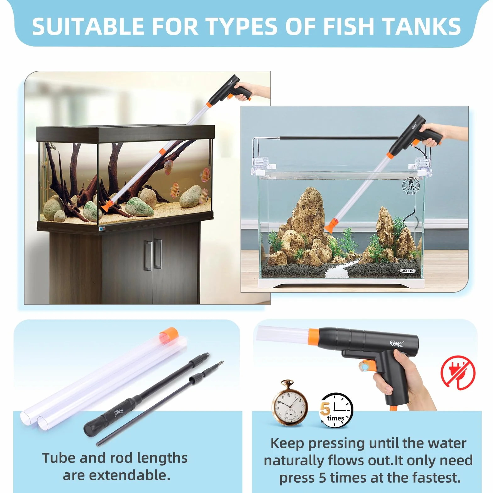 hygger Pulizia Acquario Ghiaia, Aspirapolvere per Acquario Kit di Pulizia per Cambio Acqua con Rete Spazzola,Sabbia Pulitore Acquario Sifone Aspirapolvere con Morsetto Regolatore Tubo Acqua
