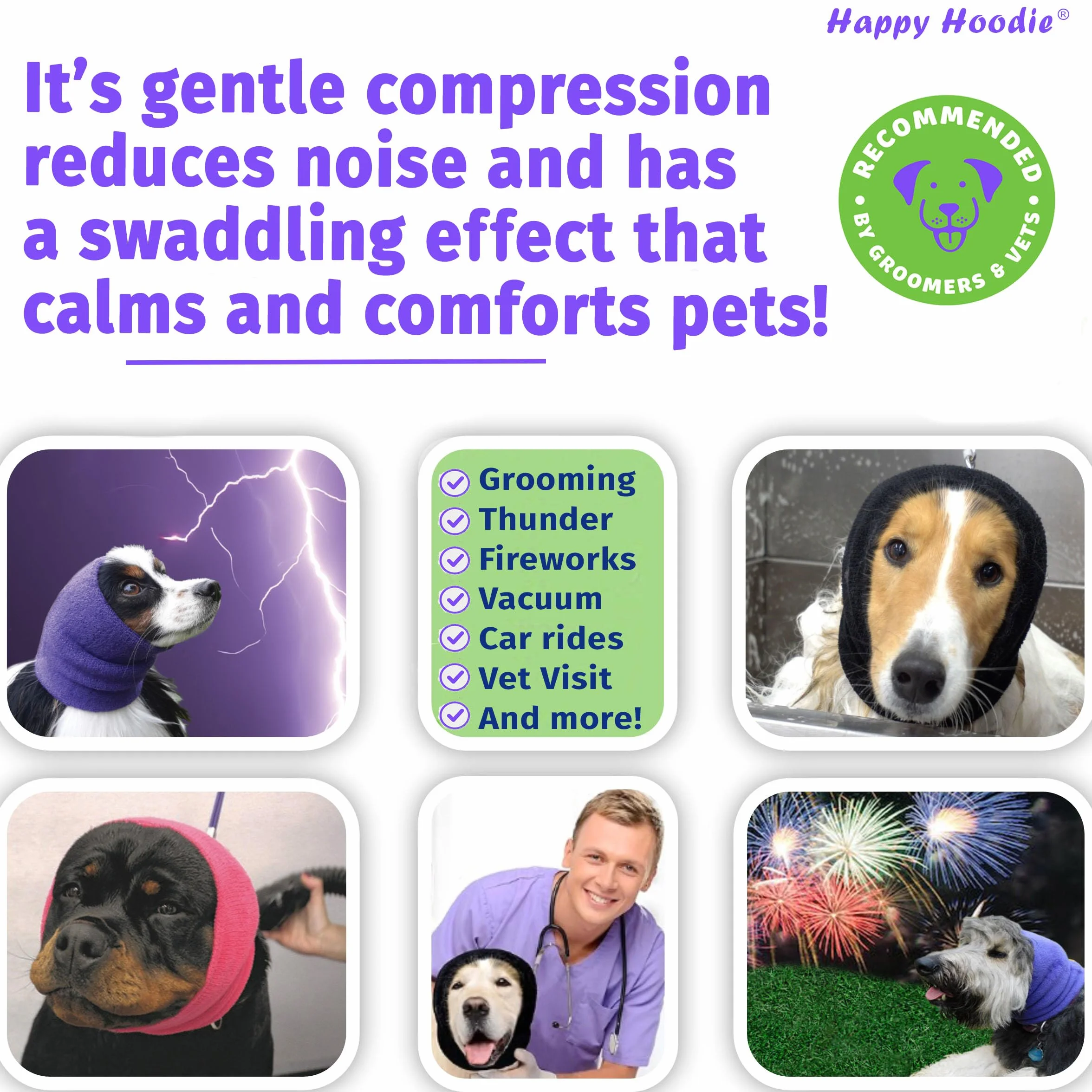 Happy Felpa con cappuccio per cani e gatti, marca americana per alleviare l'ansia, antirumore, cura del pelo, fuochi d'artificio, confezione da 2, viola (1 piccolo, 1 grande) – dal 2008