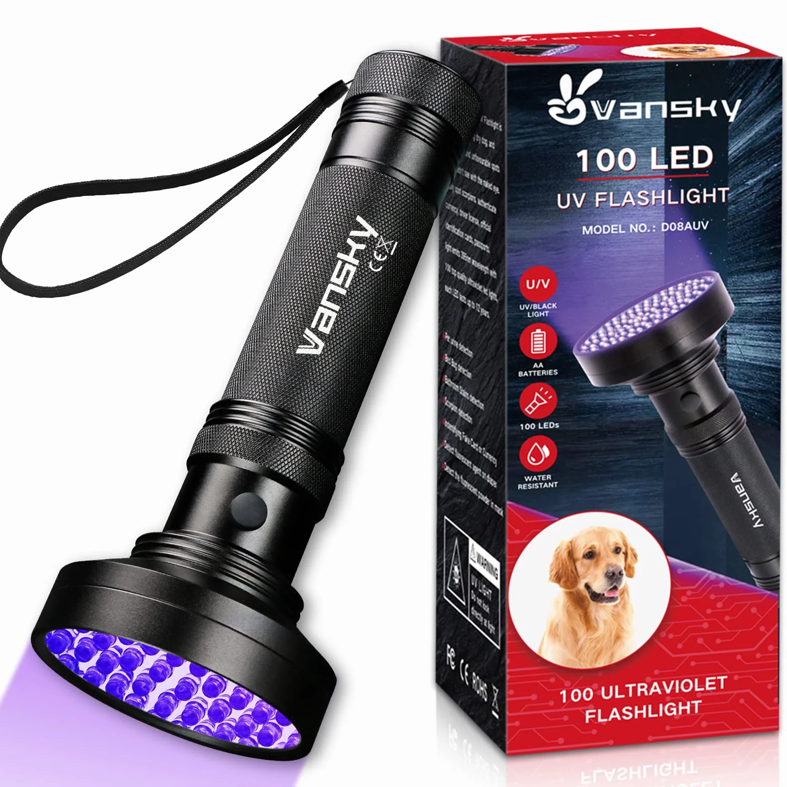 Torcia a raggi ultravioletti con luce UV, 100 LED, 395 nm, rilevatore di macchie di urina per gatti secchi/cani che curano la resina UV, pulizia della torcia OCD, ricerca di palline da golf/scorpioni