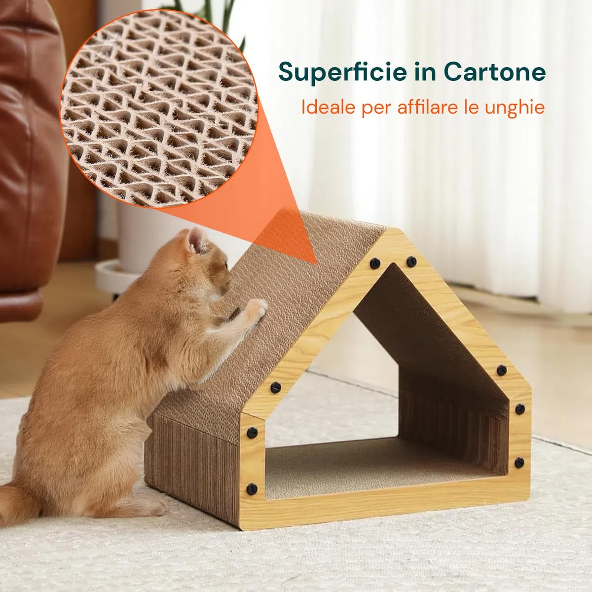 Avilia Tiragraffi per Gatti Casetta in Legno con Rifugio Interno - Graffiatoio e Cuccia 2-in-1 in Cartone Ondulato, Design Salvaspazio 50x30x42 cm, Stabile fino a 10 kg