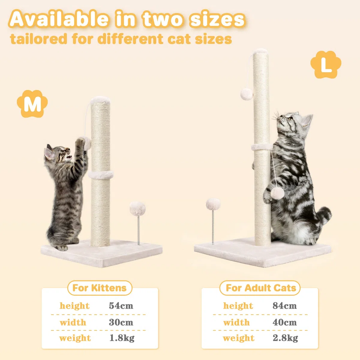 Dohump Tiragraffi per Gatti, 84cm Albero Tiragraffi per Gatti Adulti di Sisal Naturale con Palla Appesa, Base Pesante Ricoperta Morbida Peluche Liscia Per i Gattini, Beige