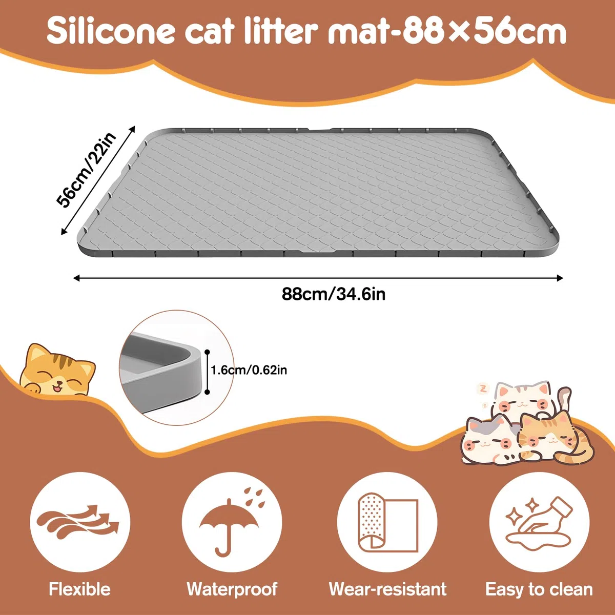 Tappetino Lettiera Gatto, Tappetino per Lettiera Gatto Grande 88x56 Cm, Materiale in Silicone Impermeabile, Grigio