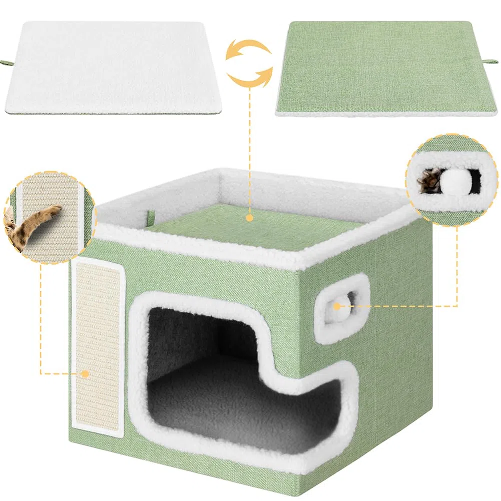 BAKAJI Cuccia per Gatti pieghevole con Grande Ingresso, Casetta Rifugio per Animali Domestici, Tiragraffi in Poliestere Caldo e Imbottito, Cuccetta Graffiatoio Base Antiscivolo 42x42x33 cm (Verde)