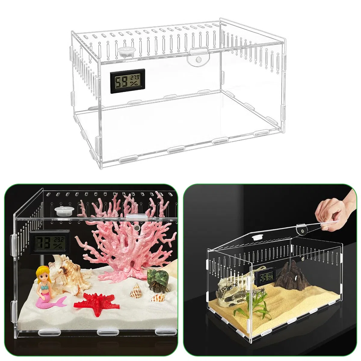 Terrario per Rettili, Scatola di Alimentazione, Terrario portatile, trasparente, in Acrilico per Spide, Lucertola, Scorpione Contenitori, 30cm x 20cm x 15cm