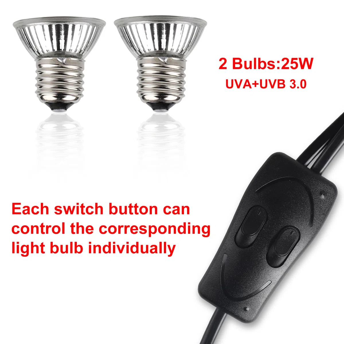 CPROSP Portalampada E27 Rettile Doppia Testa, con 2 * 25W Lampada, Lampada Riscaldante Presa con Doppio Interruttore, 1,8M Cavo e Spina, Lucertola Tartaruga UV, Presa in Porcellana Ruotabile a 360°