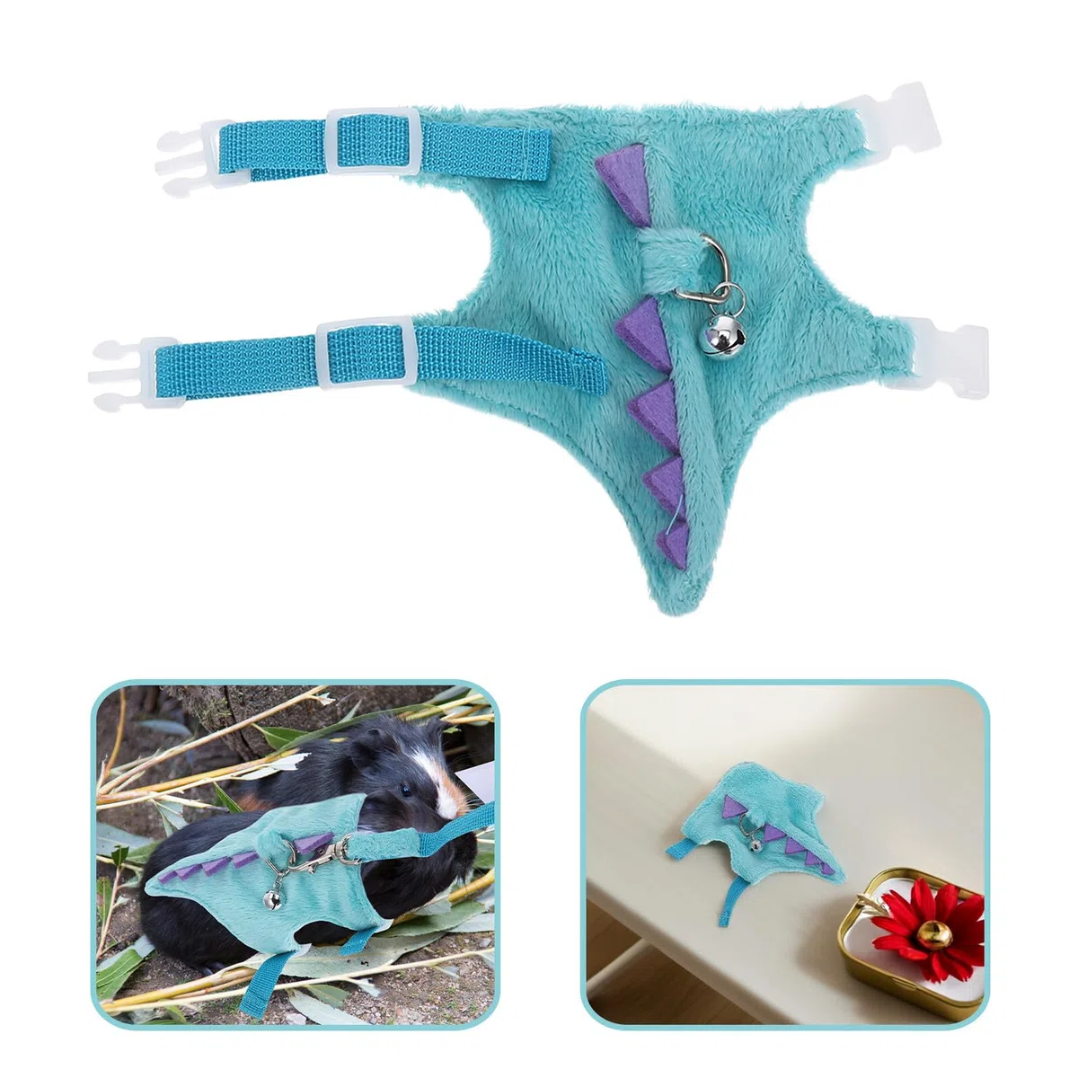 jojofuny Imbracatura e Guinzaglio per Piccoli Animali Set Pettorina a Gilet Dinosauro Blu Guinzaglio Corto Regolabile per Conigli Furetti Criceti e Lucertole Adatto per Passeggiate