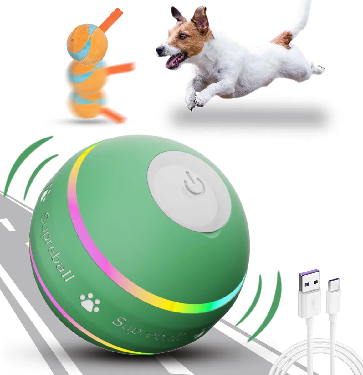 Petiepaw Giocattoli interattivi per cani, palla rotante automatica resistente per cuccioli/cani piccoli/medi, ricaricabili USB (verde)