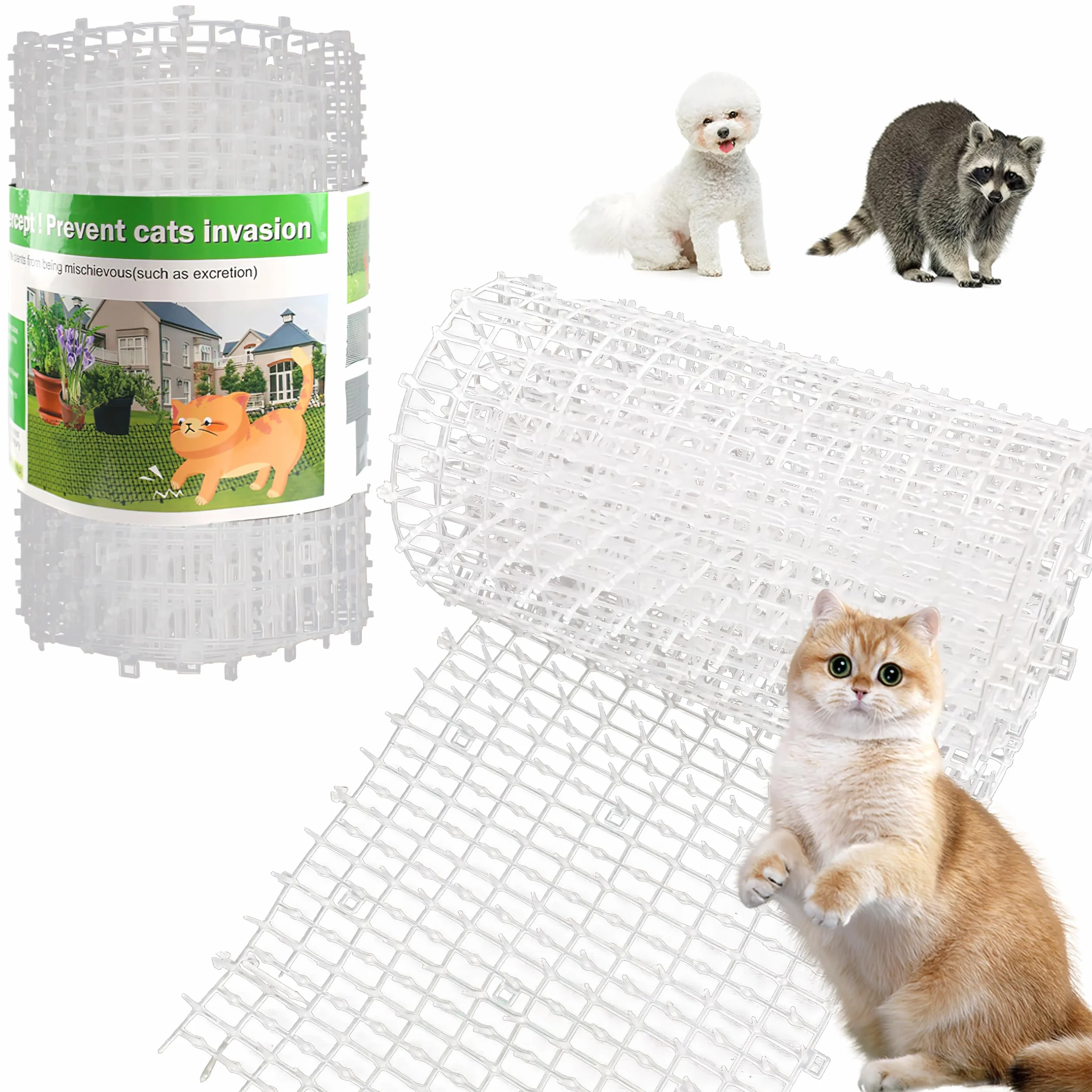 Tappetino repellente per animali domestici, bianco, 2 m, con 8 picchetti a terra, 8 fascette con zip, tappetino repellente per gatti con punte delicate per giardino/cortile, tappetino